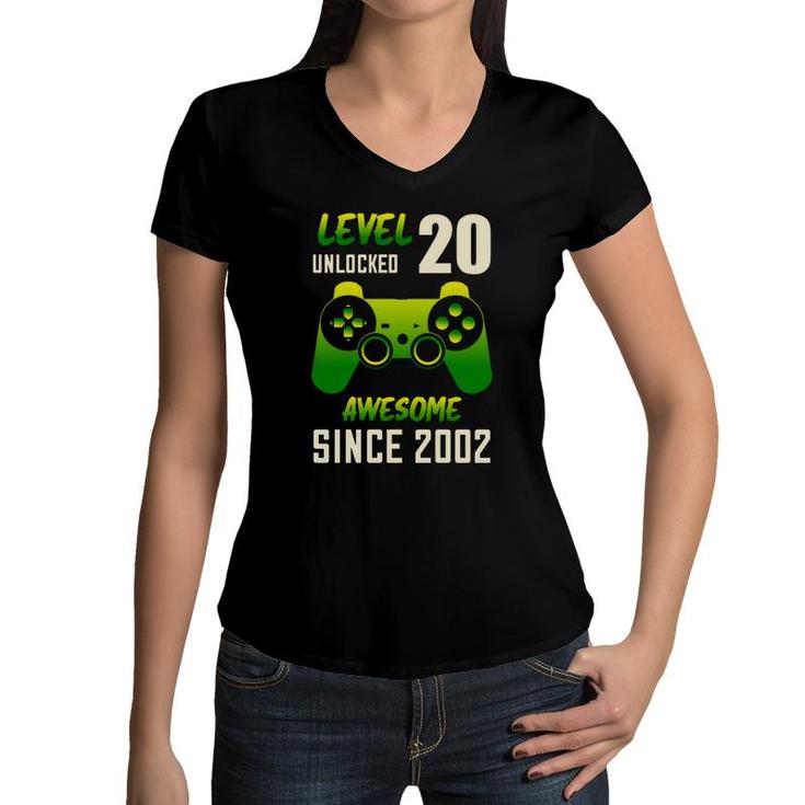 Level 20 Unlocked Awesome Since 2002 With Nice 20Th Birthday Women V-Neck T-Shirt