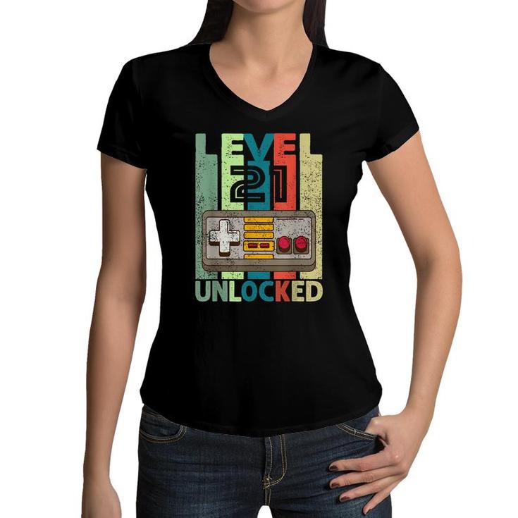 Level 21 Unlocked  Video Gamer 21St Birthday Gifts  Women V-Neck T-Shirt