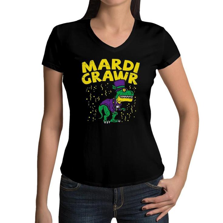 Mardi Grawrrex Dinosaur Funny Mardi Gras Carnival Boys Women V-Neck T-Shirt