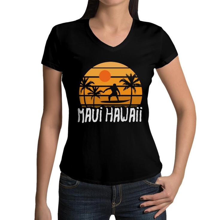 Maui Hawaii Beach Retro Sunset Summer Women V-Neck T-Shirt
