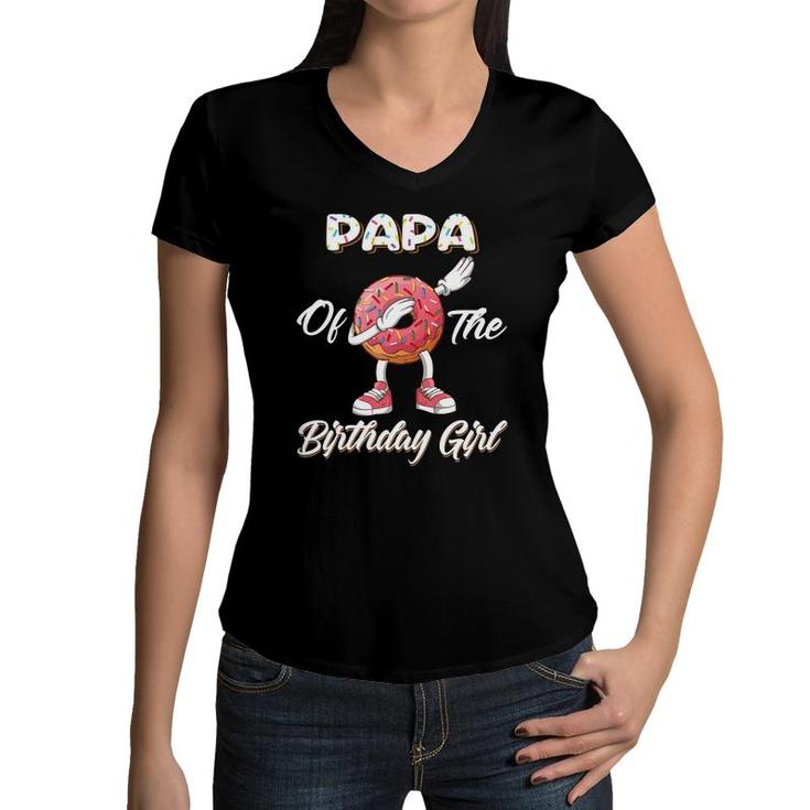 Mens Papa Of The Birthday Girl Donut Dab Matching Party Women V-Neck T-Shirt