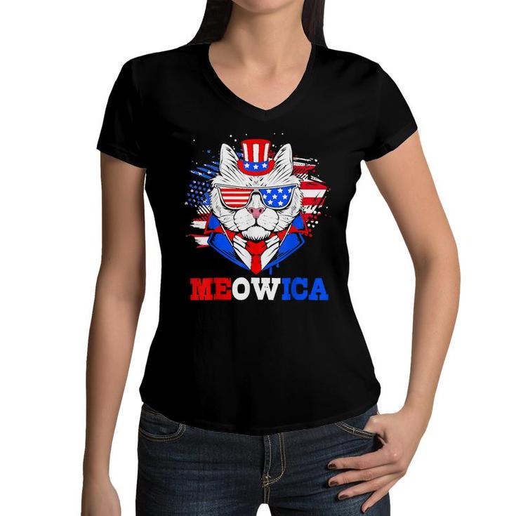 Meowica Patriotic Cat 4Th Of July Independent Day  Women V-Neck T-Shirt