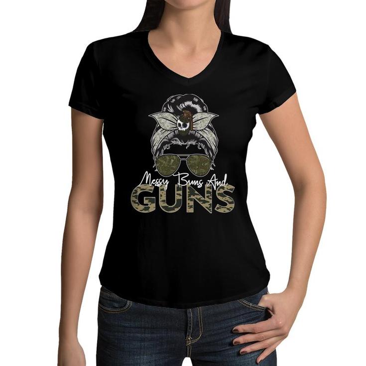 Messy Buns And Guns  For Women Wife Mom Military   Women V-Neck T-Shirt