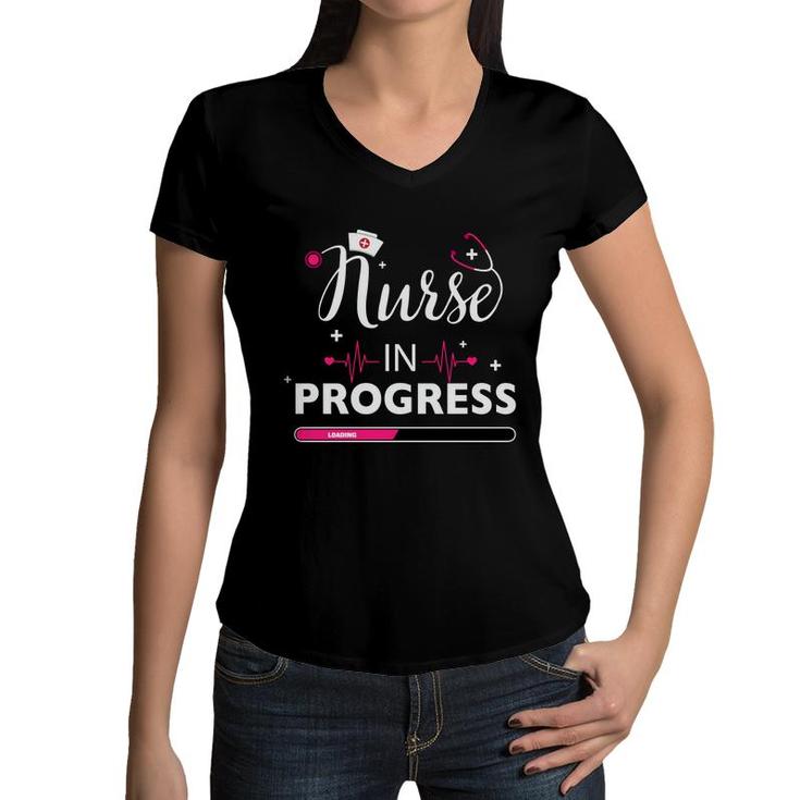 Nurse In Progress Nurses Day Pink Heartbeat Women V-Neck T-Shirt