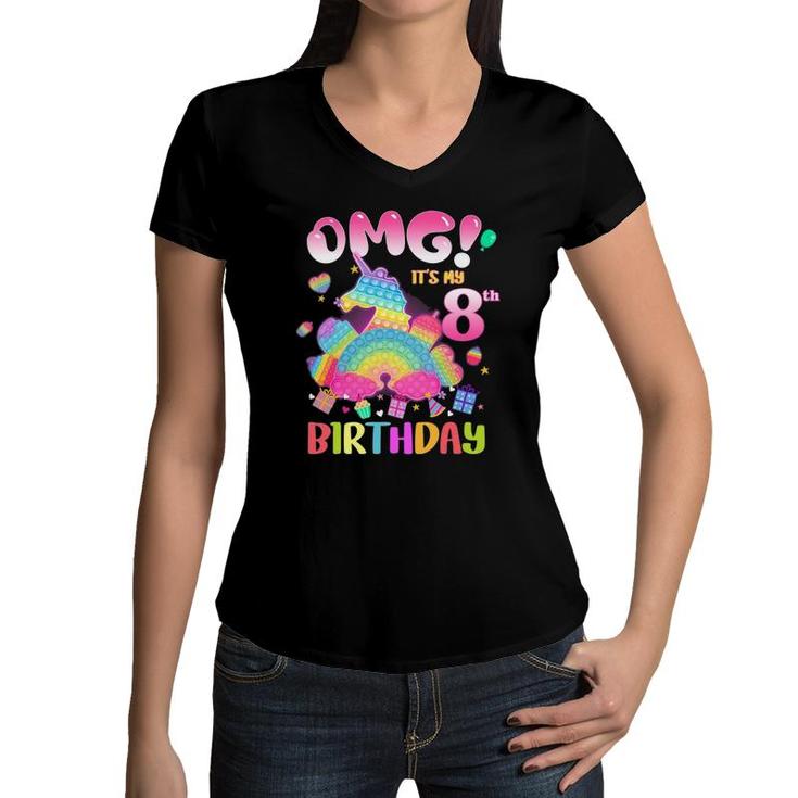 Omg Its My 8Th Birthday Girl Fidget 8 Years Old Birthday Women V-Neck T-Shirt