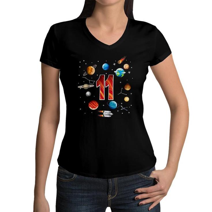 Outer Space 11 Years Old 11Th Birthday Boys Planets Astronaut Women V-Neck T-Shirt