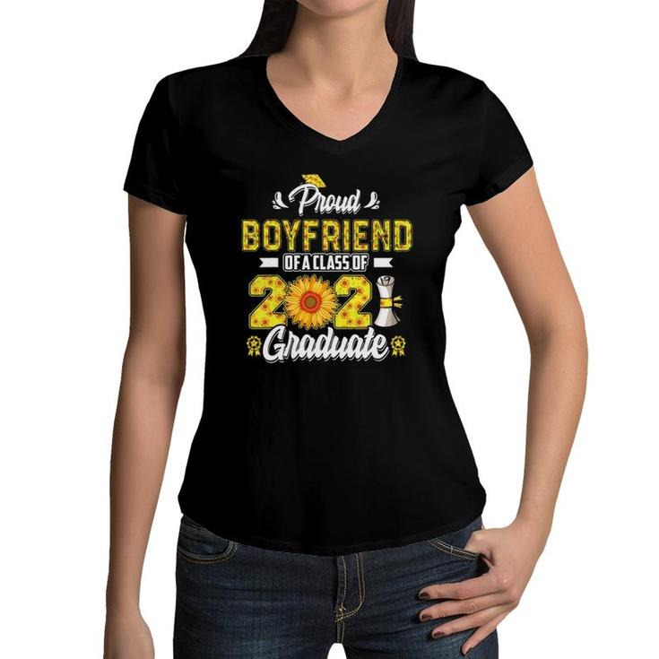 Proud Boyfriend Of A Class Of 2021 Graduate Senior Sunflower Women V-Neck T-Shirt