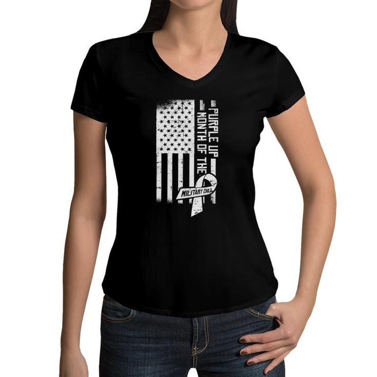 Puple Up Month Of The Military Child American Flag Kids Women V-Neck T-Shirt