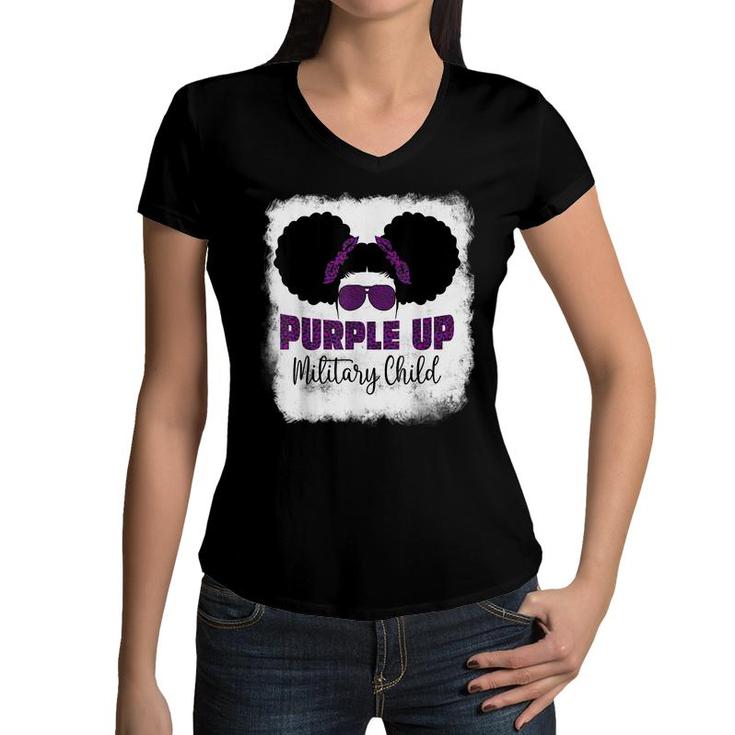 Purple Up For Kids Military Child Month Messy Bun Bleached Women V-Neck T-Shirt