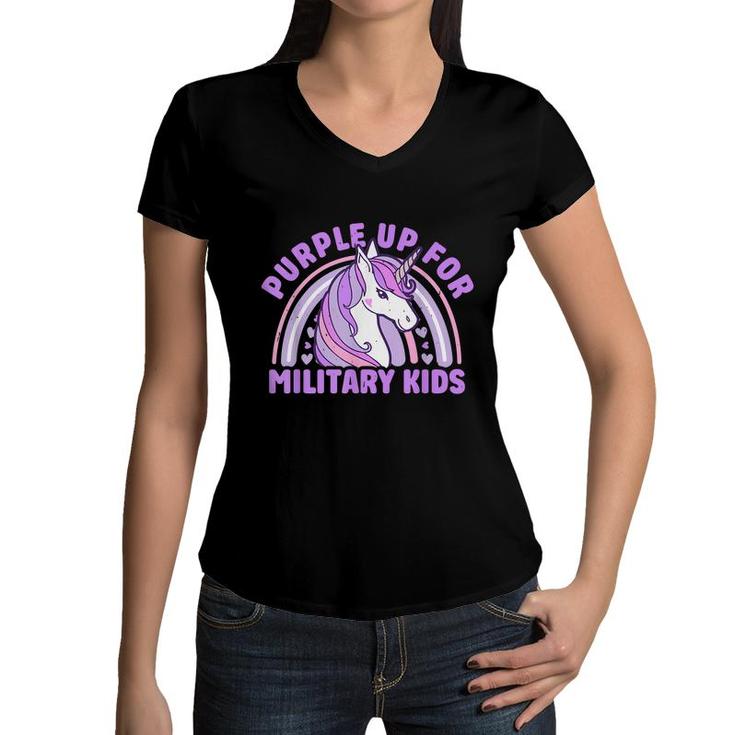 Purple Up For Military Kids Military Child Month Unicorn  Women V-Neck T-Shirt