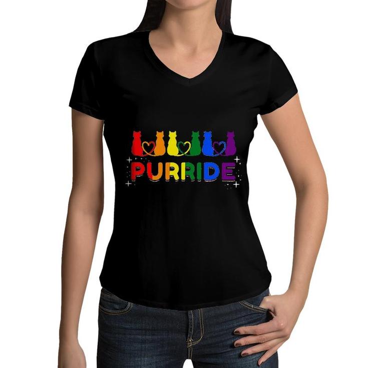 Purride Rainbow Colors Cat Animal Funny LGBT Pride Gift  Women V-Neck T-Shirt