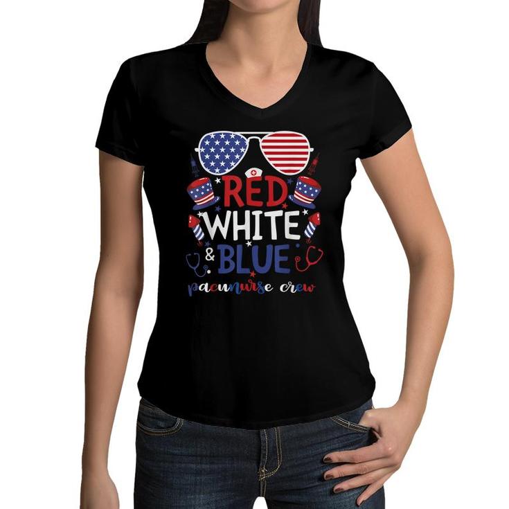Red White Blue Pacu Nurse Crew Patriotic 4Th Of July Nursing  Women V-Neck T-Shirt