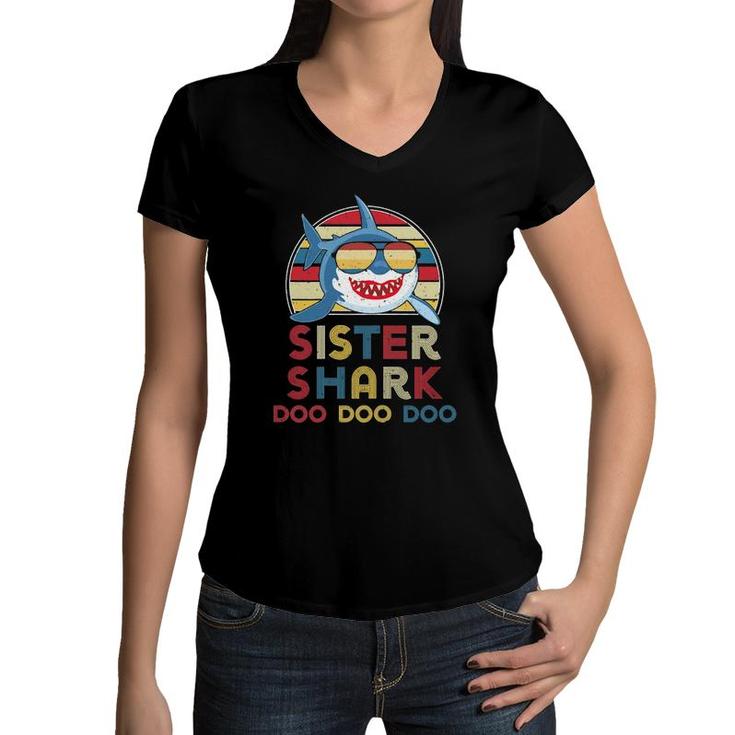Retro Vintage Sister Sharks Gift For Kids Girls Women V-Neck T-Shirt