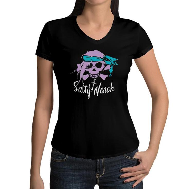 Salty Wench Girl Pirate Skull Crossbones Anchor Tee Women V-Neck T-Shirt
