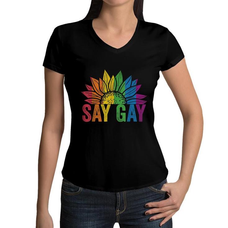 Say Gay Sunflower Say Trans Stay Proud Lgbtq Gay Rights  Women V-Neck T-Shirt