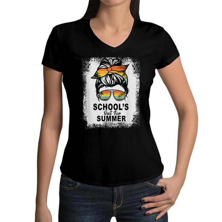 Schools Out For Summer Last Day Of School Teacher Messy Bun  Women V-Neck T-Shirt