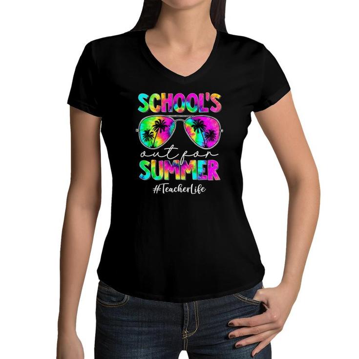 Schools Out For Summer Tie Dye Sunglasses Teacher Life Women V-Neck T-Shirt