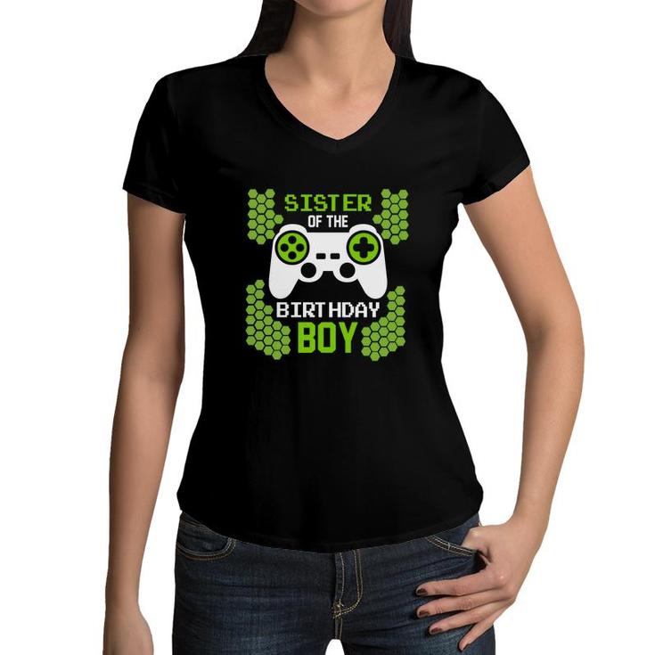 Sister Of The Birthday Boy Matching Video Gamer Green Women V-Neck T-Shirt