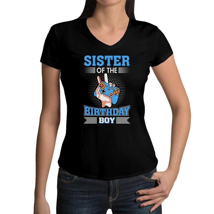 Sister Of The Birthday Boy Matching Video Gamer Women V-Neck T-Shirt