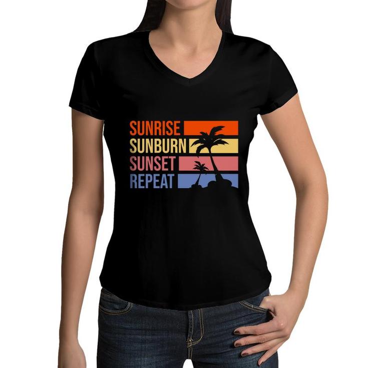 Sunrise Bunburn Sunset Repeat Summer Enistle Beach Retro Sunset Women V-Neck T-Shirt