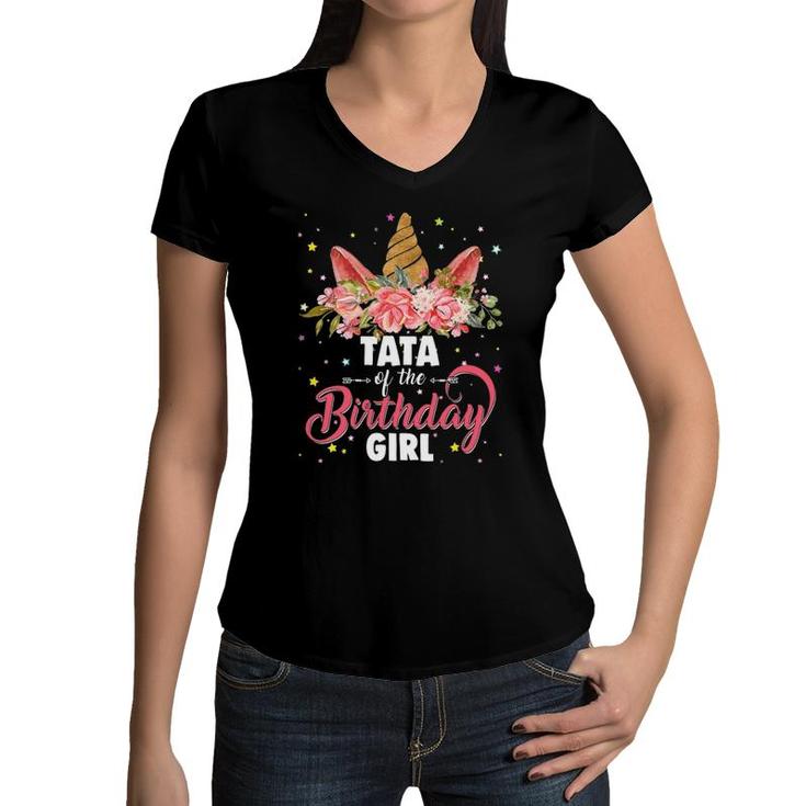 Tata Of The Birthday Girl Unicorn Girls Family Matching Women V-Neck T-Shirt