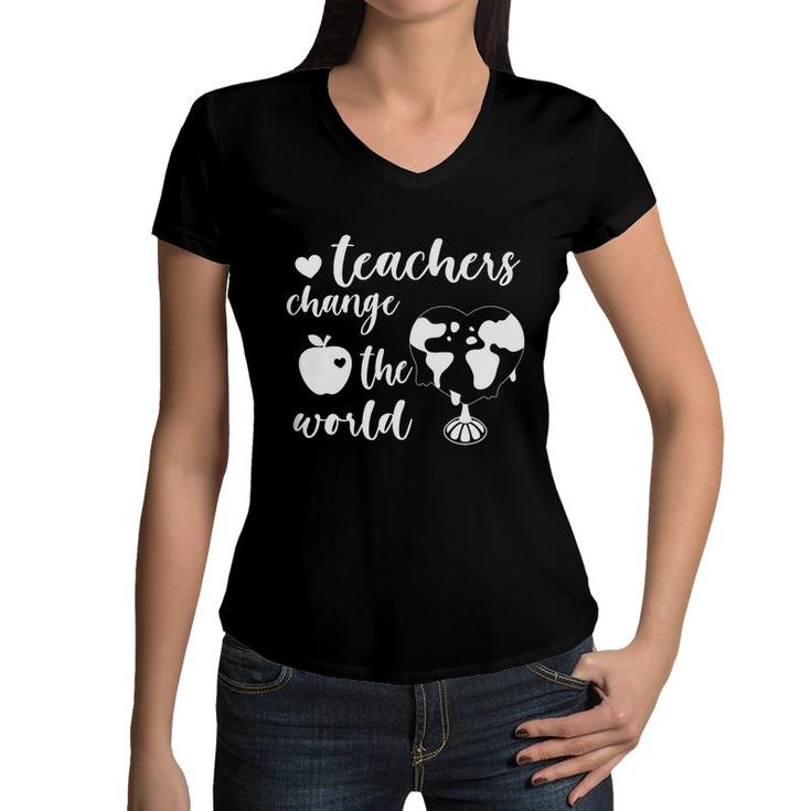 Teachers Change The World Heart Earth Great Women V-Neck T-Shirt