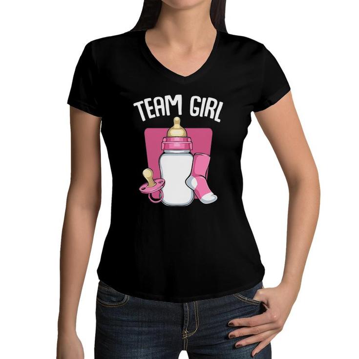 Team Girl Pink Funny Gender Reveal Baby Shower Party Family Women V-Neck T-Shirt