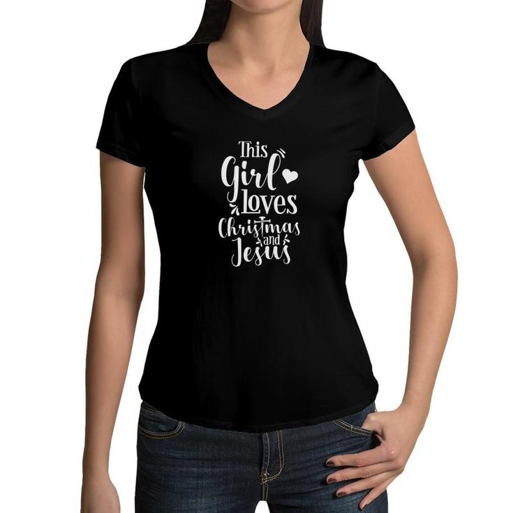 This Girl Loves Christmas And Jesus For Christians Women V-Neck T-Shirt