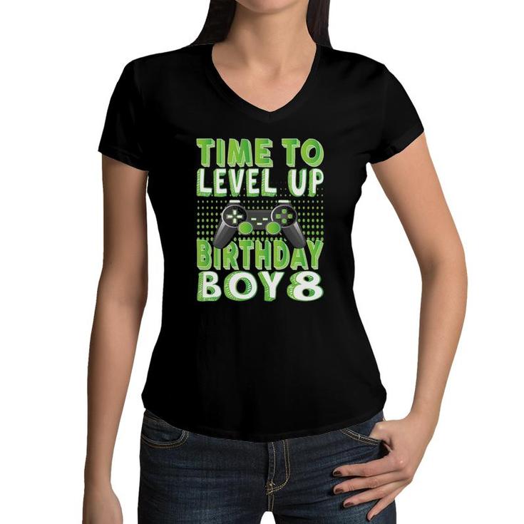 Time To Level Up Birthday Boy 8 Years Old Video Game Lover Women V-Neck T-Shirt