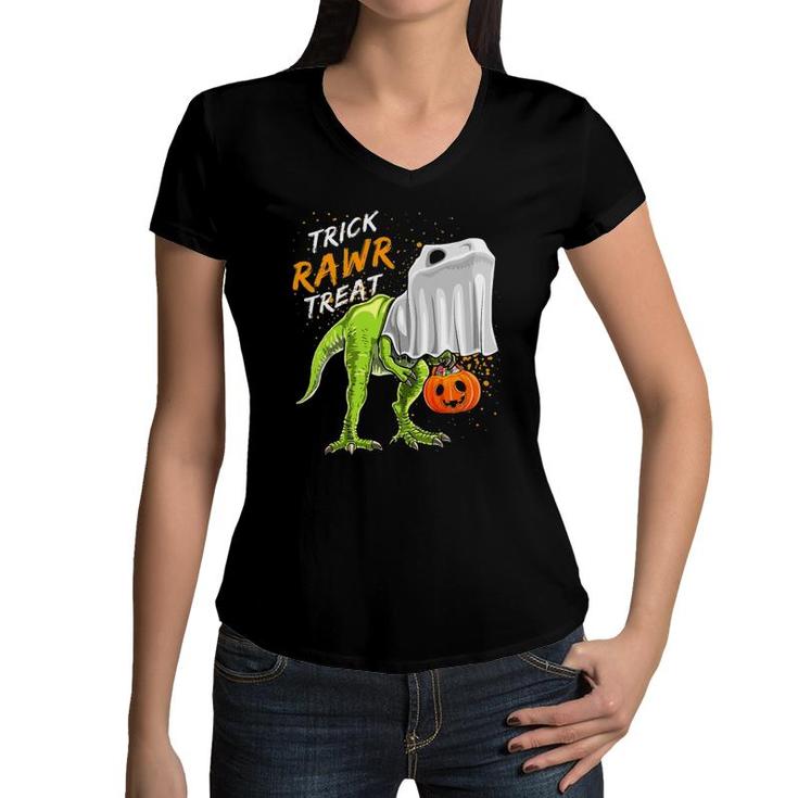 Trick Rawr Treat Halloweenrex Dinosaur Ghost Gift Boys Women V-Neck T-Shirt
