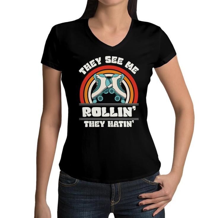 Vintage 80S 90S They See Me Rollin The Hatin Skateboarding Women V-Neck T-Shirt