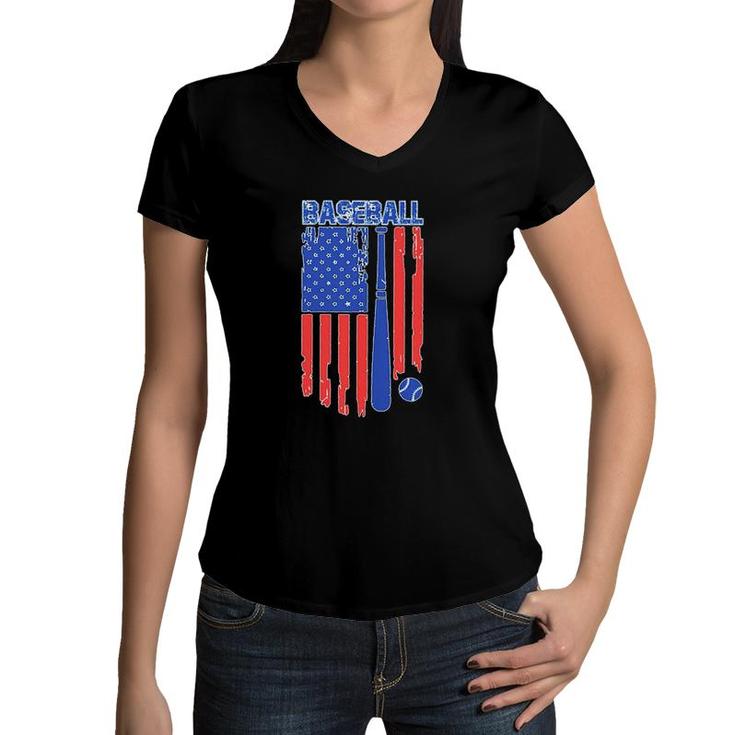 Vintage Cool Baseball American Flag Print Women V-Neck T-Shirt