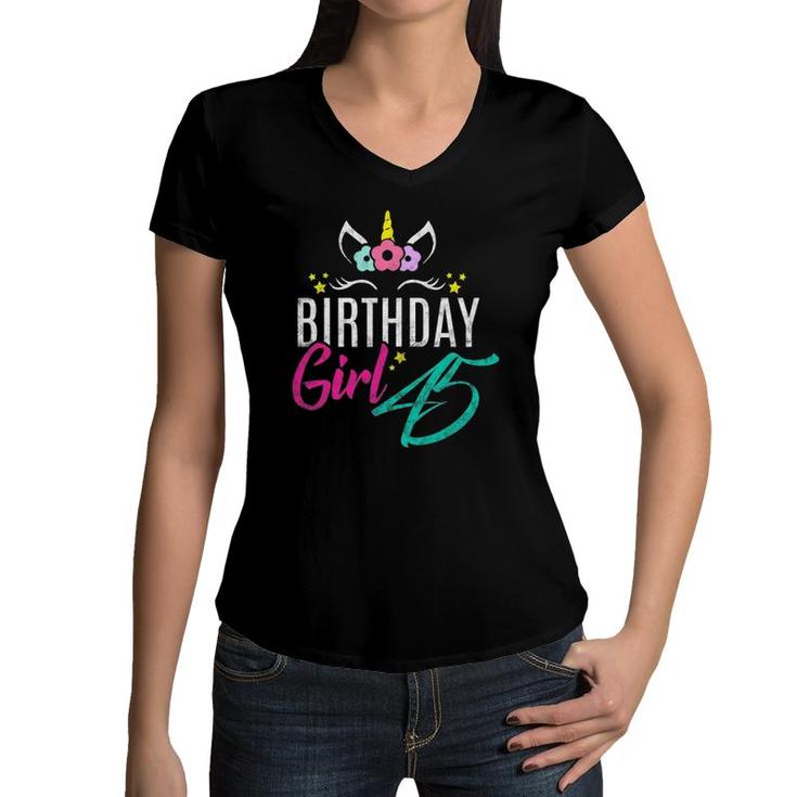 Womens Birthday Girl 45 Years Old Gift Cute Unicorn Face 45Th Bday Women V-Neck T-Shirt