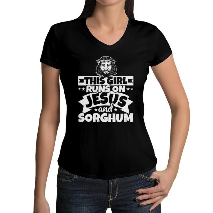 Womens Girl Runs On Jesus And Sorghum V-Neck Women V-Neck T-Shirt