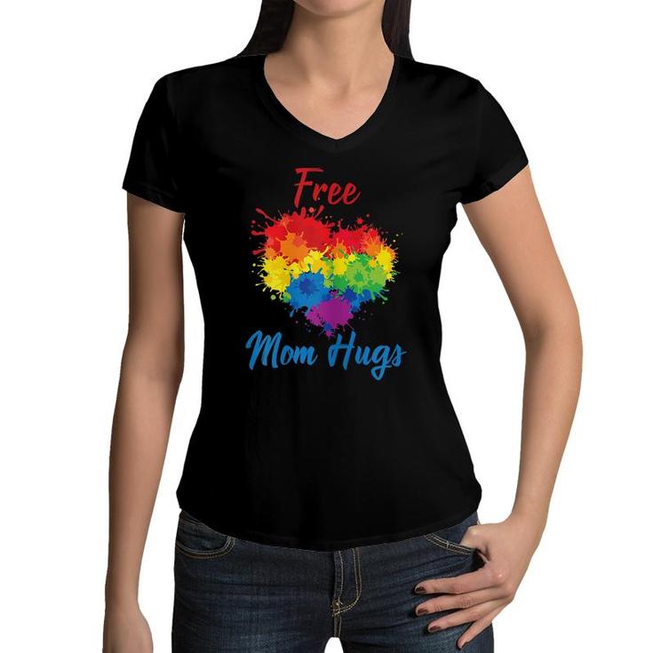 Womens Proud Free Mom Hugs Lgbt Rainbow Gay Pride Mom  Women V-Neck T-Shirt