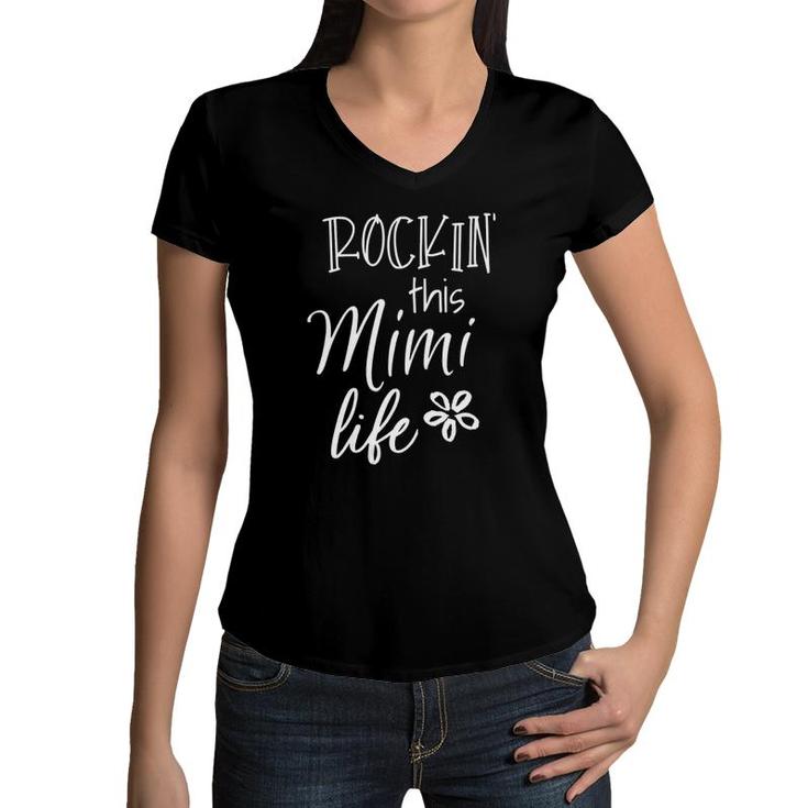 Womens Rockin This Life Cute Mimi Graphic Gift From Grandkids V-Neck Women V-Neck T-Shirt