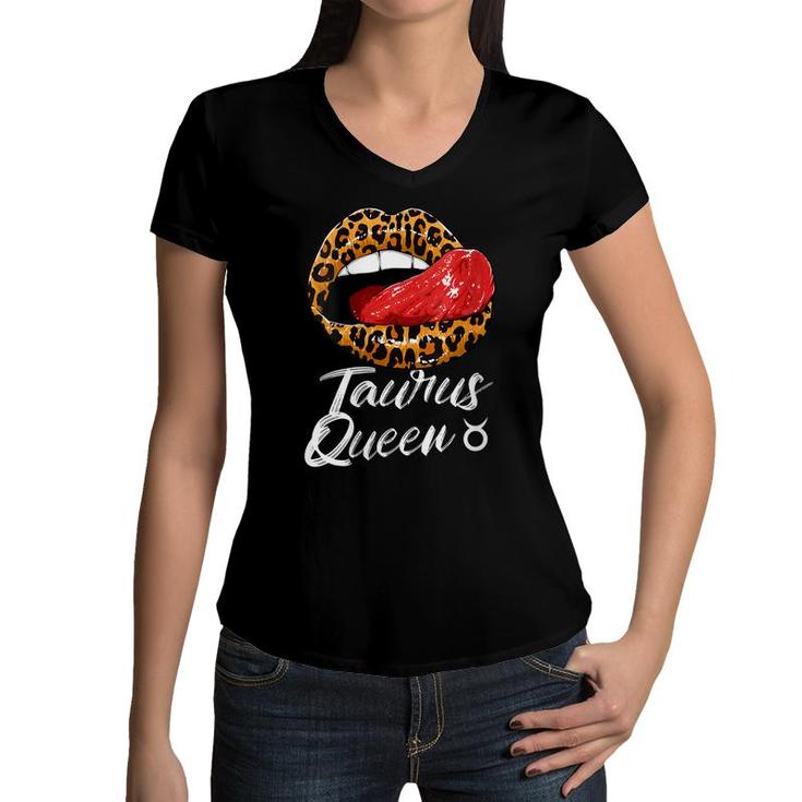 Womens Taurus Queen Zodiac Sign With Leopard Print Juicy Lips  Women V-Neck T-Shirt