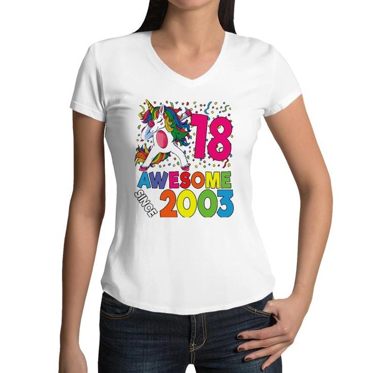 18Th Birthday Dabbing Unicorn Party Gift 18 Years Old Girl Women V-Neck T-Shirt