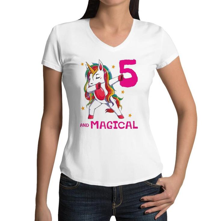 5 And Magical Girls 5Th Birthday Unicorn 5 Years Old Girl Women V-Neck T-Shirt