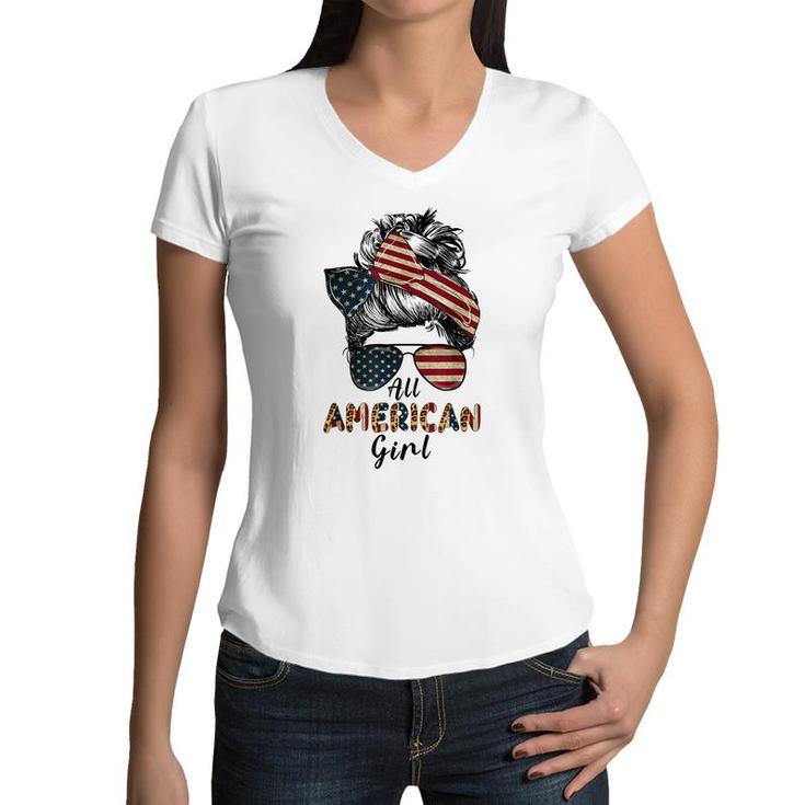 All American Girl Messy Bun Matching Family 4Th July Retro  Women V-Neck T-Shirt