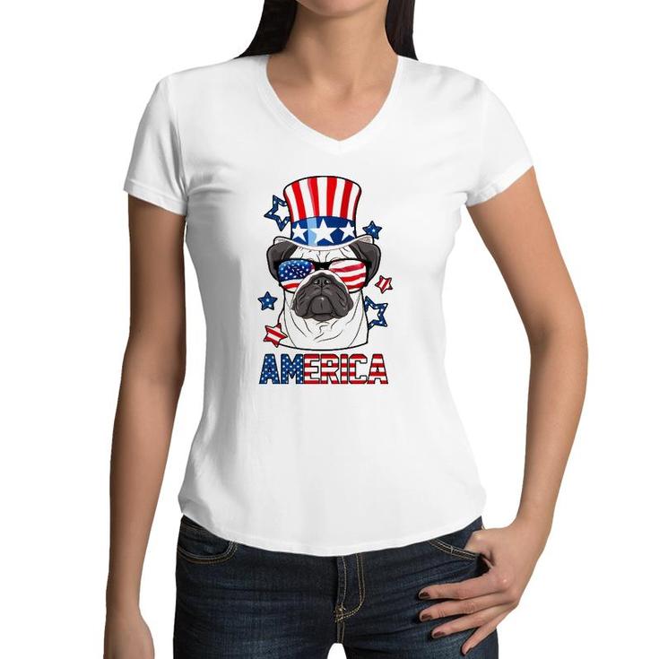 America Pug Dog Owner 4Th Of July Usa Flag Men Women Kids Women V-Neck T-Shirt