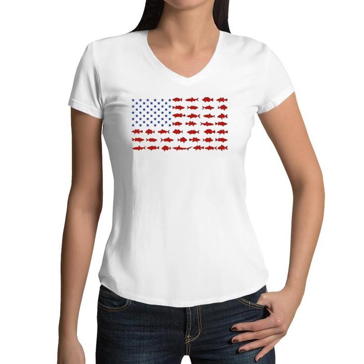 American Flag Fishing Theme Patriotic For Men Women Kids Women V-Neck T-Shirt