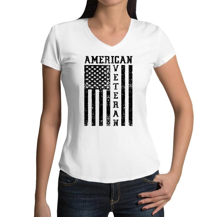 American Veteran Black Design Veteran 2022 Flag Women V-Neck T-Shirt