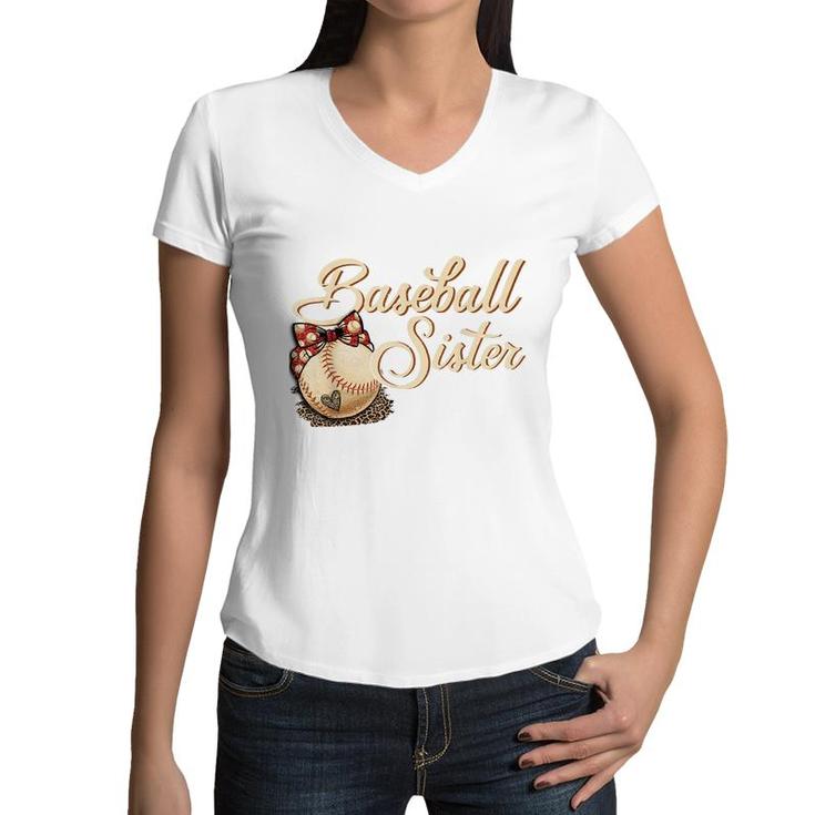 Baseball Sister Leopard Girl Softball Big Sister  Women V-Neck T-Shirt