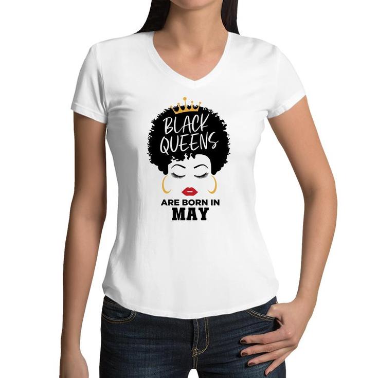 Black Queens Are Born In May Birthday Curly Hair Girl Women V-Neck T-Shirt
