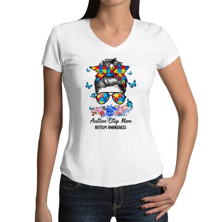 Blue Ribbon Butterfly Step Mom Messy Bun Autism Awareness  Women V-Neck T-Shirt