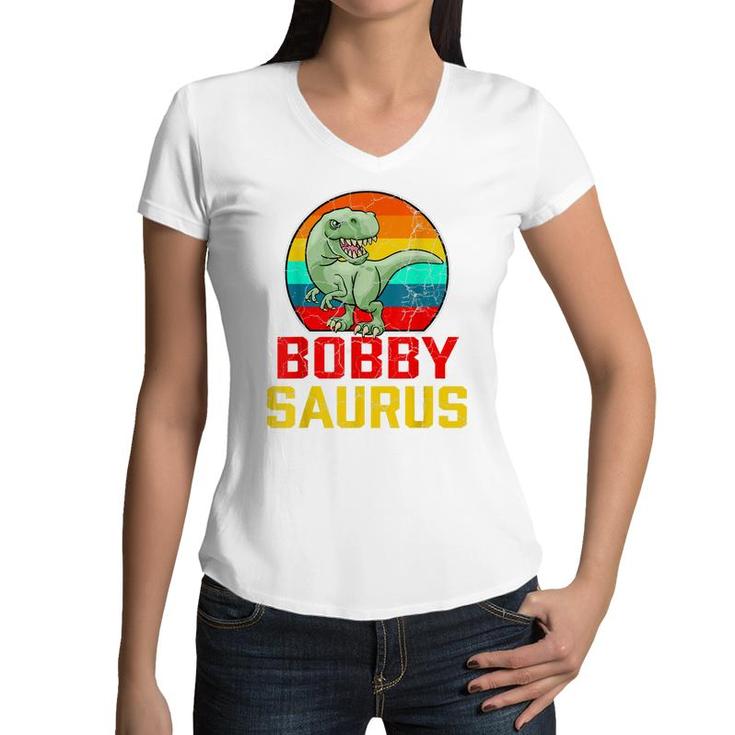 Bobby Saurus Family Reunion Last Name Team Funny Custom  Women V-Neck T-Shirt