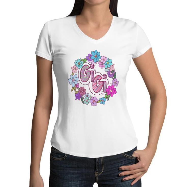 Colorful Flower Custiom Gigi Grandma Idea New Women V-Neck T-Shirt