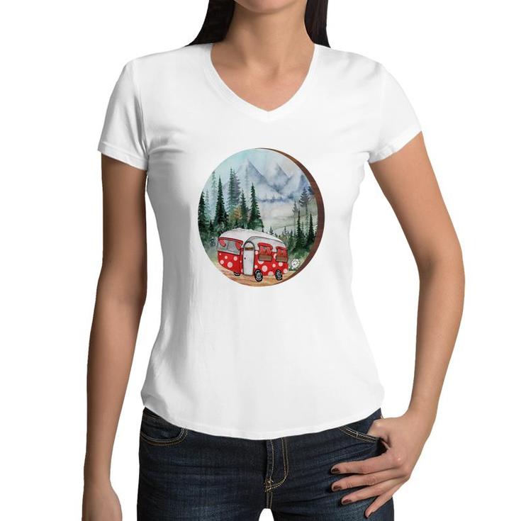 Custom Happt Life Happy Camper Camp Life Women V-Neck T-Shirt