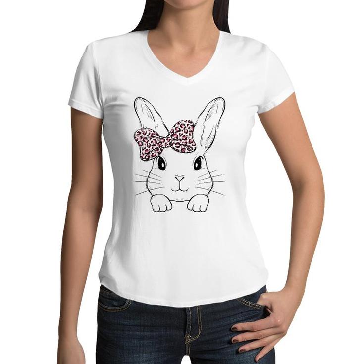 Cute Bunny Face Leopard Bow Tie Easter Day Girls Womens Women V-Neck T-Shirt
